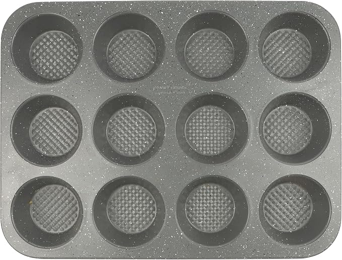 David Burke 12-Cup Muffin Pan, Carbon Steel, PFTE & PFOA Free, Oven Safe, Diamond Textured Surface – Gray Speckle