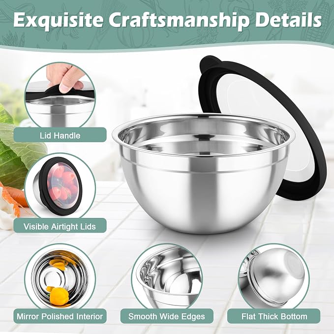 TeamFar Mixing Bowls, 3PCS Stainless Steel Serving Salad Bowls | with Lids & 3 Graters for Kitchen Mixing/Baking/Storing/Prepping, Visible & Airtight, Easy Clean - 4.5/3/1.5 QT, Black