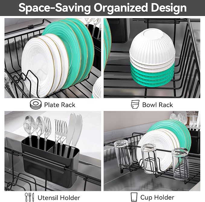 Urackify Expandable in Sink Dish Rack, Full PVC Dip-Coated, Black | Scratch Protection, Reduced Noise, Fast Water Drainage, Fits 14.5"-18"W Sink, Rust Resistant