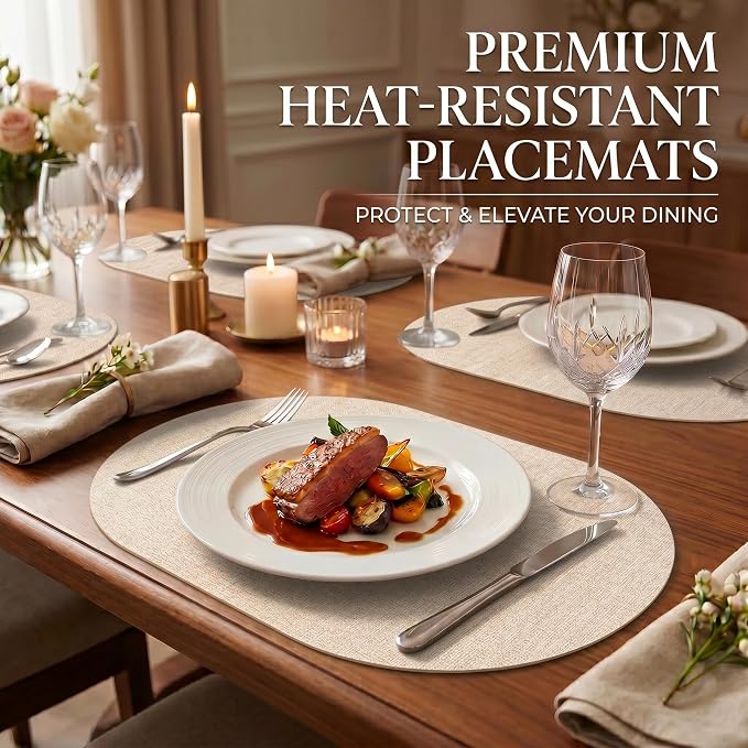 Faux Leather Placemats Set of 4, Wipeable Waterproof Stain Resistant Table Mats, Heat Resistant Thick Placemats with Hand-Painted Edges for Kitchen Dining, Imitative Linen Texture, Various Shapes