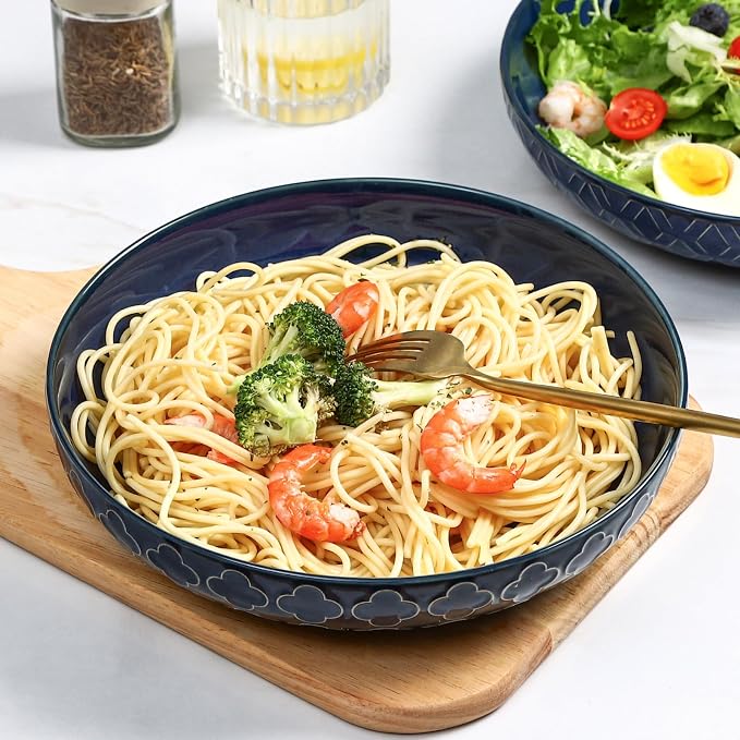 Sureasy 9.7" Pasta Bowls Set of 4-42 oz Large Salad Bowls for Kitchen, Embossed Ceramic Serving Bowls for Fruits, Soup, Pasta and Salad, Microwave & Dishwasher Safe, Blue