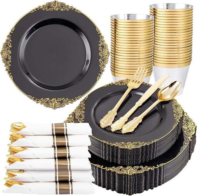 Nervure 175Pcs Black Plastic Plates, Disposable Party Plates for 25 Guests | 25 7.5" Dessert & 25 10.25" Dinner Plastic Plates, 75 Gold Cutlery, 25 9oz Cups, 25 Napkin for Wedding, Party & Retirement