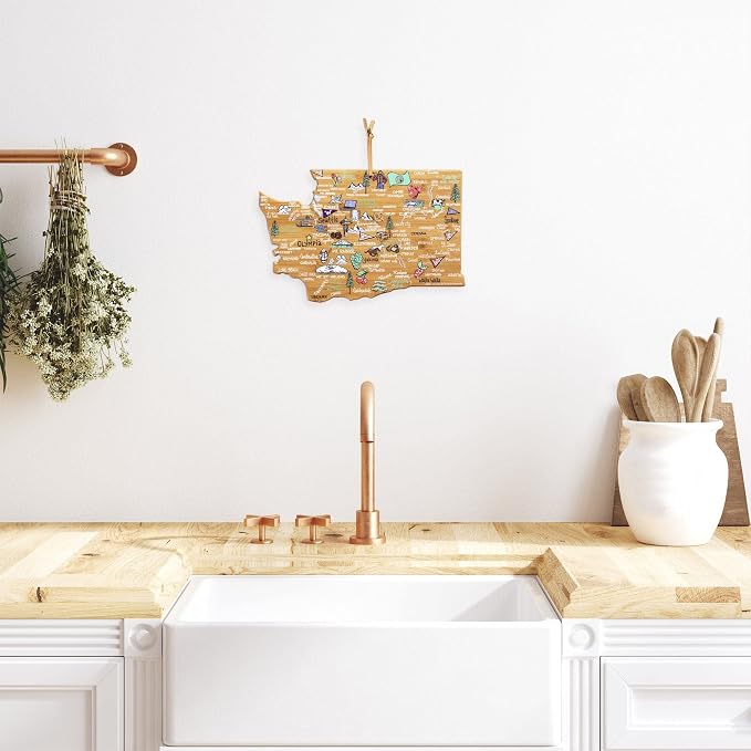 Totally Bamboo Washington State Shaped Cutting Board, Art by Fish Kiss | State charcuterie board with colorful hand-drawn map artwork. Smooth reverse side for food prep. Hang tie for wall display.