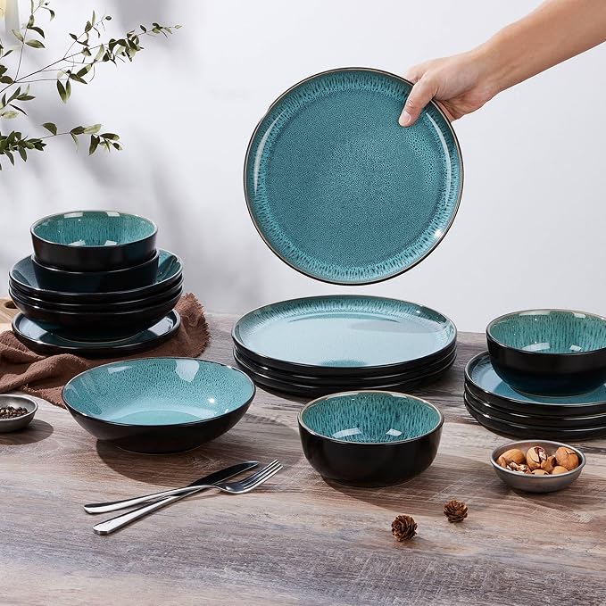 LIANYU Stoneware Dinnerware Sets with Pasta Bowls for 4, Pastel Turquoise | 16 Piece Plates and Bowls Dishes Set, Dishwasher Safe Dining Ware Dishware for Home Kitchen, Microwave Safe