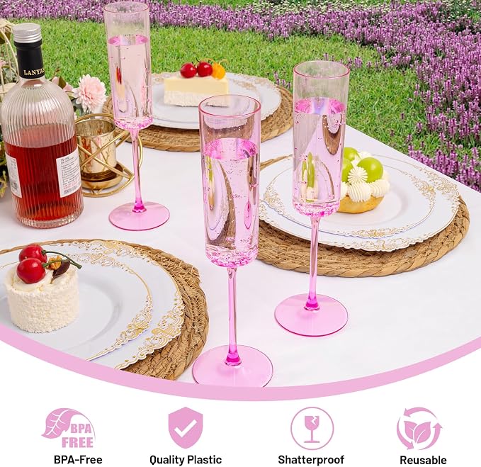 YOUBET 24Pack Pink Plastic Champagne Flutes 6 oz | Clear Pink Champagne Disposable Glasses - Square Plastic Toasting Glasses for Anniversary Party Birthday Wedding