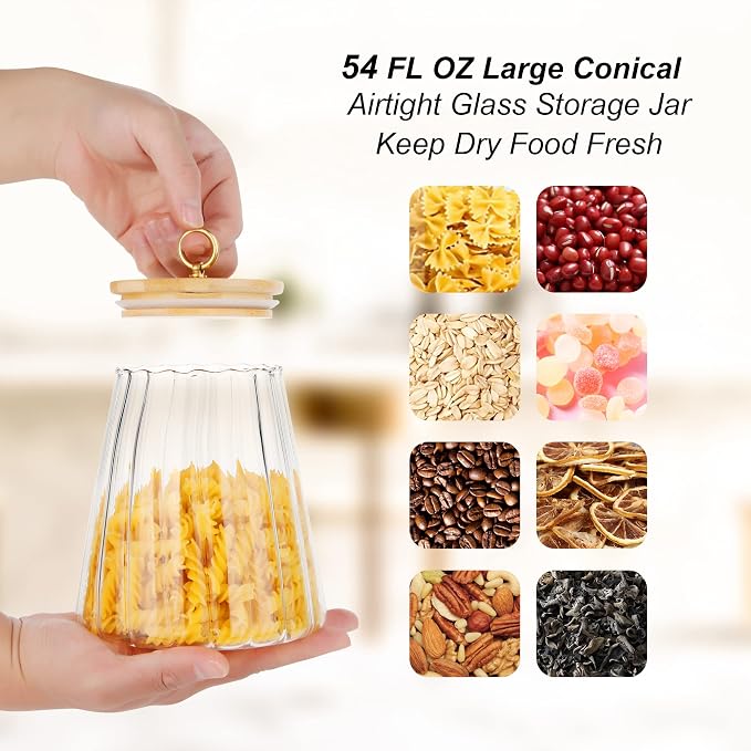 Glass Coffee Nuts Canister, Airtight Jar Bamboo Lid 54 FL OZ, Large Conical | Sealed Kitchen Storage Jar, 700ml Petal Ribs Design Decorative Candy Coffee Container, Gold Metal Handle, Easy to Grasp
