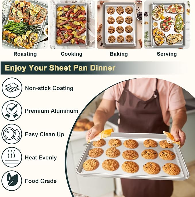 Wildone Baking Sheet with Rack Set (2 Pans + 2 Racks), Half Sheet Size | Natural Aluminum Commercial Quality Cookie Sheet with Cooling Rack, Nonstick Baking Pan, Warp Resistant & Heavy Duty