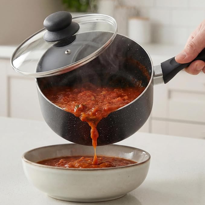 8-Inch Nonstick Sauce Pot with Tempered Glass Lid, Small Induction Saucepan for Soups, Pasta, Rice, Grains & Everyday Cooking, Aluminum Stovetop Pot