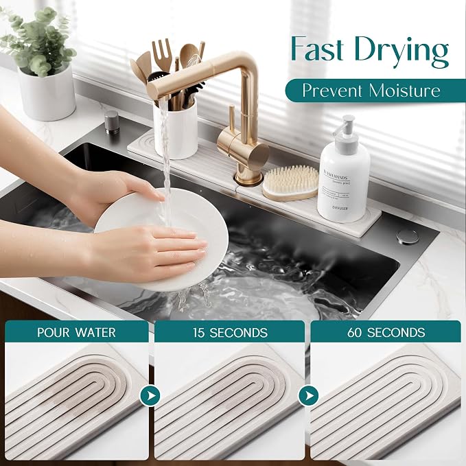 Faucet Mat for Kitchen Sink – Diatomite Stone Drying Mat & Sink Protectors, Prevent Moisture – Sink Splash Guard Water-Absorbing Stone Tray for Bathroom Counter (Light Grey, 23.6" x 3.9")