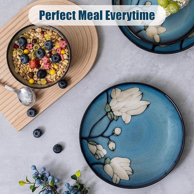 Dinnerware Set Blue Stoneware 12 Pieces Service for 4, Stoneware Plates and Bowls Set Stoneware Set, Dishwasher Microwave Safe Dishes set