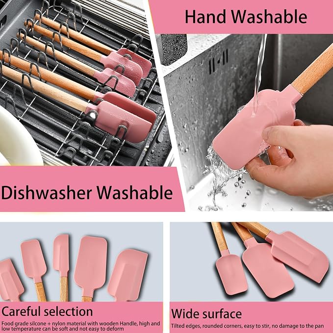7 Piece Silicone Spatula Set, Food Grade Rubber Spatula Set with Wooden Handle, Heat Resistant Up to 600°F, Silicone Utensils Set for Baking, Cooking & Mixing, Jar, Non-Stick Kitchen Utensils(Pink)