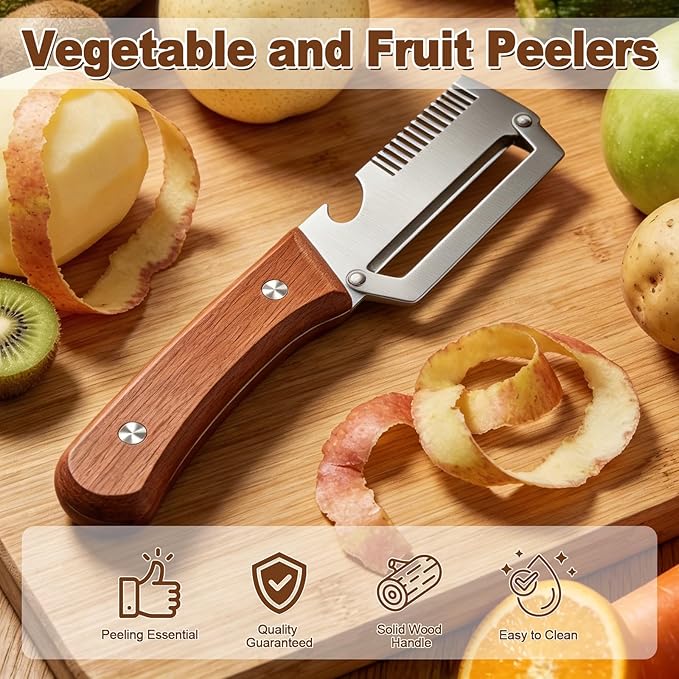 Vegetable Peeler with Wooden Handle, 3-in-1 Stainless Steel Julienne Peelers for Kitchen, Scallion Shredder & Built-in Bottle Opener, Fruit Potato Carrot Pumpkin Peeling Tool, 3 Pack