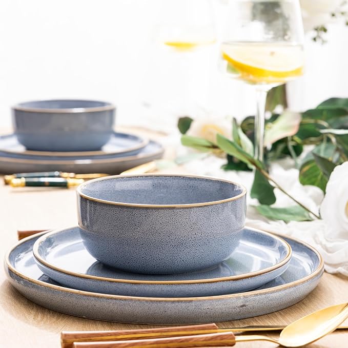 GBHOME Dinnerware Sets for 4, 12 Pieces Ceramic Plates and Bowls Set | Scratch Resistant Stoneware Dishes Set, Dishwasher & Microwave Safe, Reactive Glaze-Vista Blue