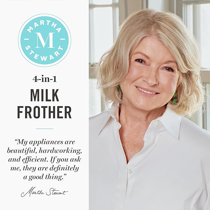 Martha Stewart 10oz Milk Frother & Steamer, 4 Presets, 300ml Glass Pitcher | Light, Dense, Cold Foam & Hot Chocolate, Ready in 90 Seconds, Cordless Pouring, Runs Quiet, Almond, Soy & Oat Milk, Sky Blue