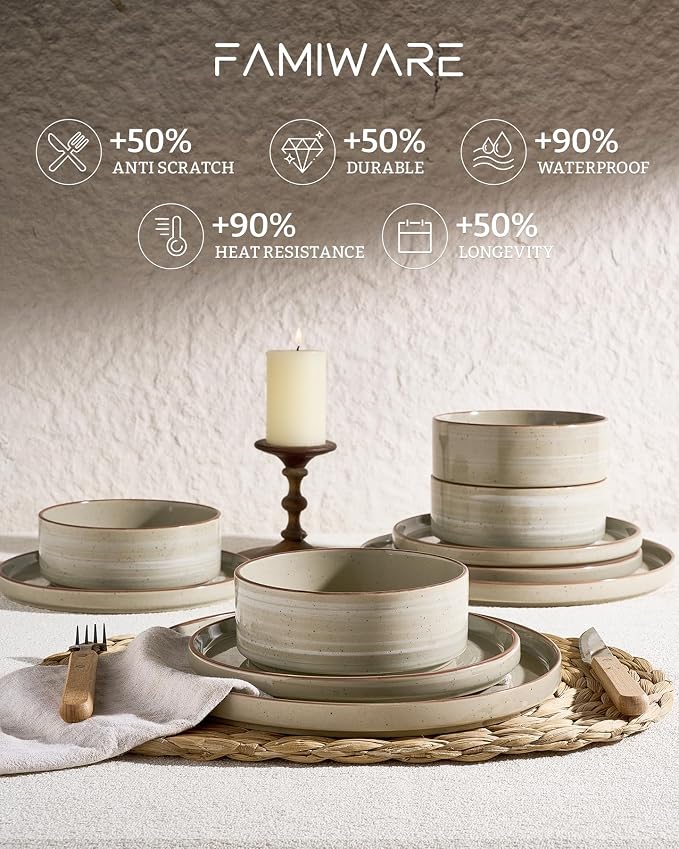 Famiware Stellar 12-Piece Stoneware Dinnerware Set, Matcha Green | Stoneware Plates and Bowls, Handmade Reactive Glaze, Microwave & Dishwasher Safe, Chip & Scratch Resistant