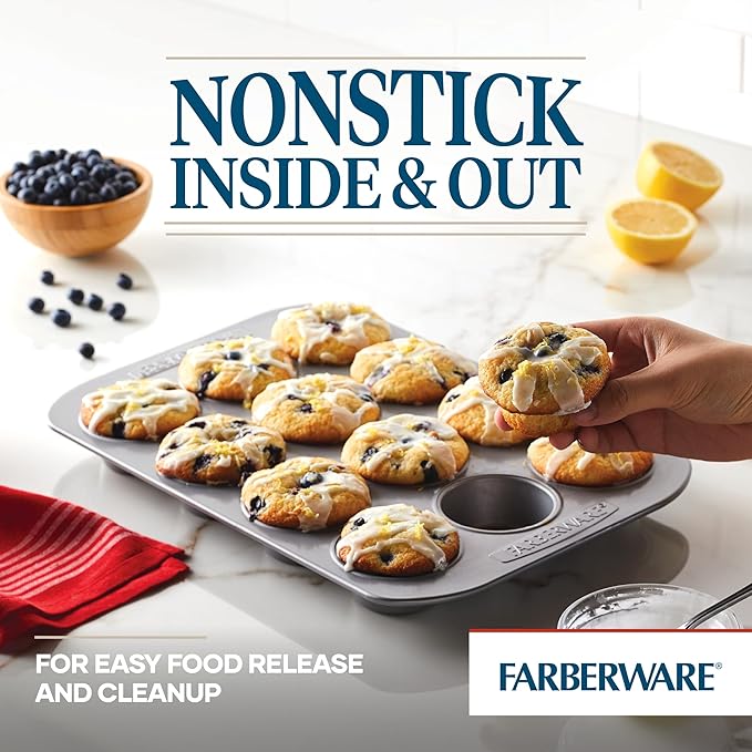 Farberware Bakeware Nonstick Muffin Pan, 12-Cup, Cupcake Baking Pan, Gray