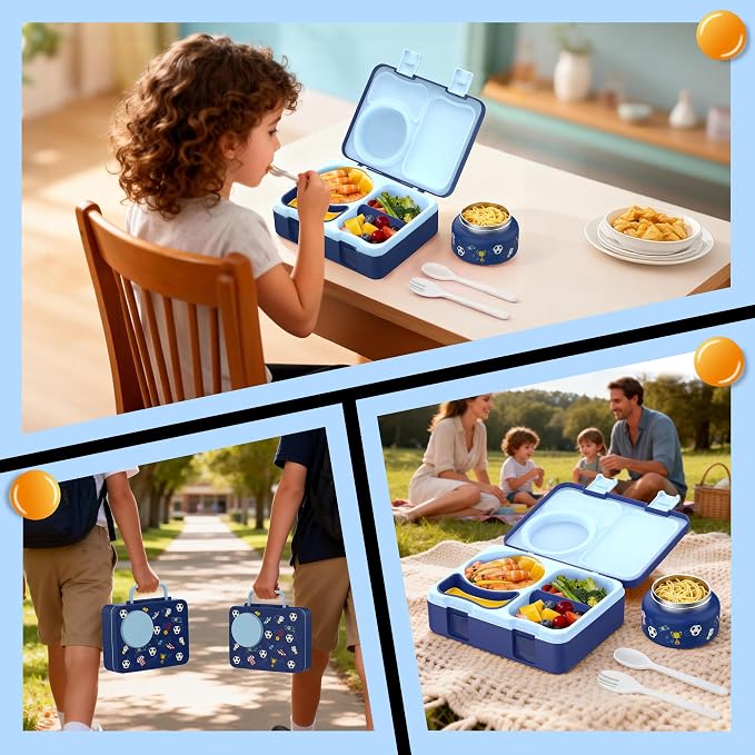 Bento Lunch Box for Kids Adult, Leakproof 3-4 Compartment Bento Box Set with Insulated Food Jar,Water Bottle, Lunch Bag, School Lunch Container for Toddler Teen Girls Boys Ages 3+(Football)