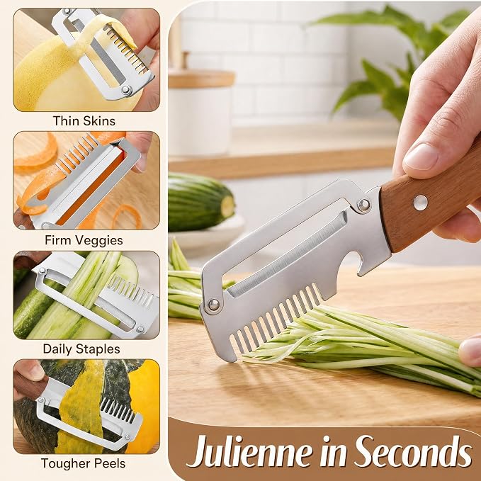 Upgrade Vegetable Peeler and Julienne Peeler Set, 2-Pcs Multifunctional Stainless Steel Veggie Peelers for Kitchen with Wood Handles & Built-in Bottle Opener, Sharp Potato, Carrot & Scallion Shredder