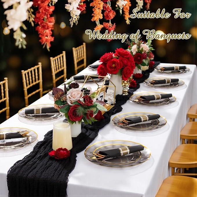 30 Pack Pre Rolled Gold Plastic Silverware with Black Napkins | Heavy Duty Black Disposable Wrapped Flatware Cutlery Set for for Wedding, Birthday & Party Supplies