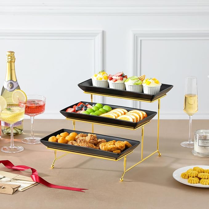 MALACASA 3 Tier Serving Trays for Party, 12 Inch Porcelain Black Trays for Serving Food, Dessert Stand with Collapsible Gold Metal Rack | Tiered Serving Stand for Party, Fruit Tray, Trays for Serving Food, Dessert Stand with Collapsible Sturdier Gold M...
