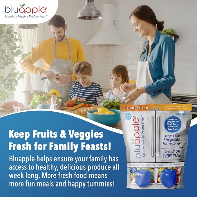 BluApple Produce Saver Ethylene Gas Absorber - Fresh Fruit & Vegetable Storage for Refrigerator, Each Packet Lasts 3 Months, Produce Storage, BPA Free - Combo Pack (8 Packets & 2 for 1 Year)