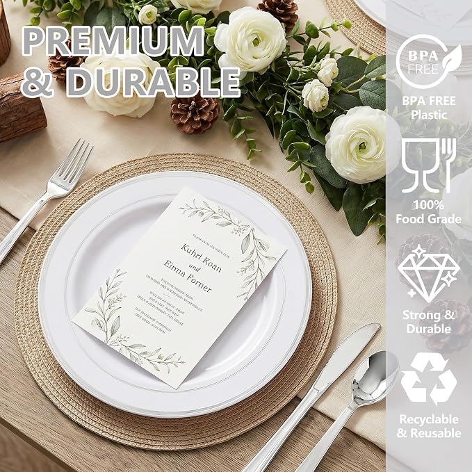 GATHER 350PCS Silver Plastic Plates for Wedding and Party | White and Silver Disposable Plates include 100 Plates, 50 Napkins, 150 Silvery Cutlery and 50 Cups for Anniversary