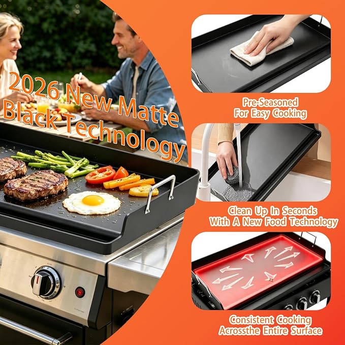 Upgrated 23＂× 16＂× 3＂Nonstick Universal Cast Iron Griddle, Muti-Purpose Cooking Griddle for Gas Grill with Grease Groove, Pre-Seasoned Flat Top Plate Insert for Camping, Tailgating, Parties