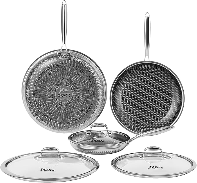 Nonstick Frying Pan Set with 3 Lids, 8+10+12 Inch, Honeycomb Stainless Steel Skillet Pans Set, PFOA-Free Scratch-Proof, Dishwasher & Oven Safe, Compatible with All Cooktops