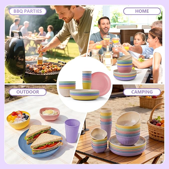 SHECIPIN 24-Piece Wheat Straw Dinnerware Set, Large Round Plates, Bowls and Cups, Unbreakable dish set, Dishwasher and Microwave Safe, Outdoor Camping Dishes