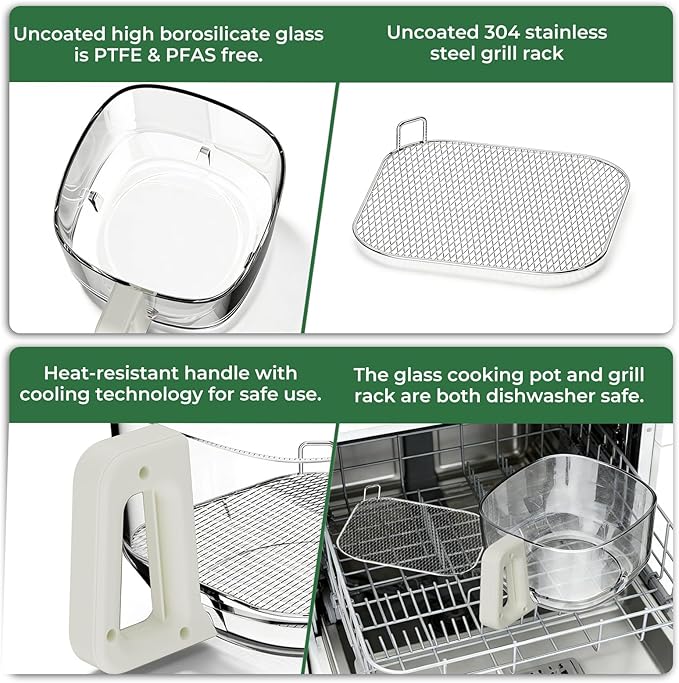 5 QT Glass Air Fryer, Non Toxic Airfryer with Digital Touch Control | 8 Preset Modes, PTFE/PFAS Free, BPA-Free, Uncoated High Borosilicate Glass Basket, Dishwasher Safe, White