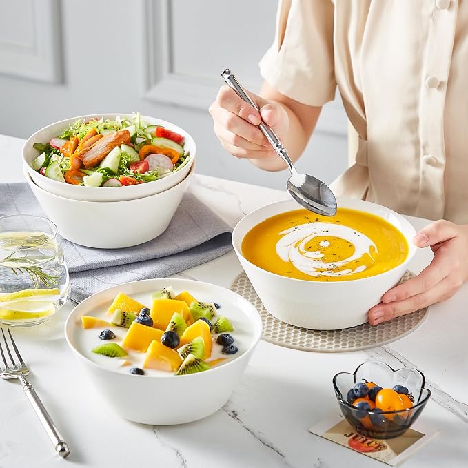 MALACASA 35 OZ Soup Bowls Set of 4, White Bowls Deep Cereal Ramen Bowl | Ceramic Bowls for Salad, Pasta, Pho, Dessert, Fruit, Kitchen Essential, Dishwasher Microwave Safe, Series REGULAR