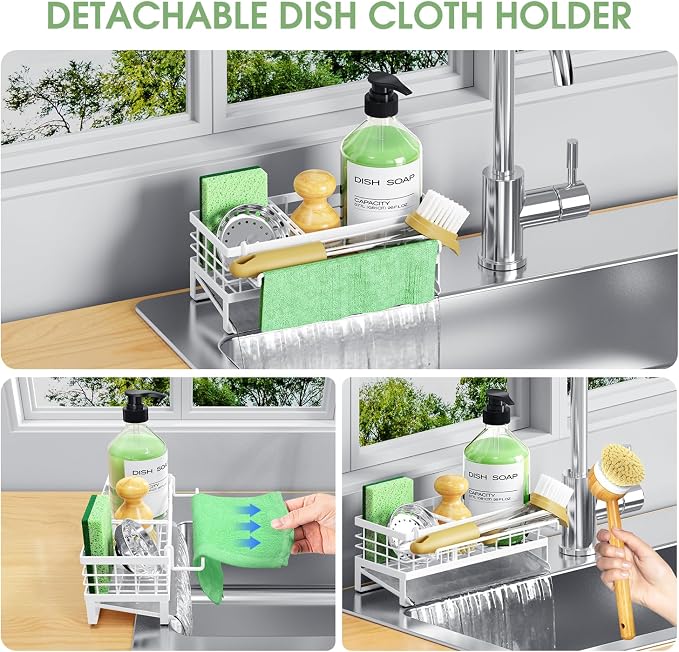 Kitchen Sink Caddy, Rustproof Self-Draining Sponge Holder, White | Metal Kitchen Caddy Sink Organizer, Detachable Dish Cloth Holder, Non-Slip Base, Kitchen Countertop Storage Accessories