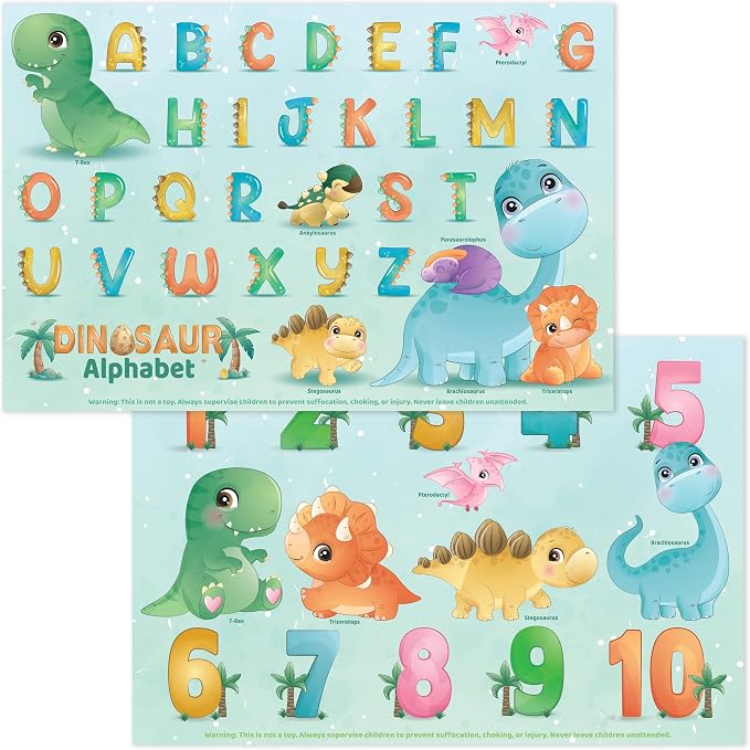 Bright Seed Disposable Placemats for Baby & Toddlers, Learning Mat- Dinos | 40 Disposable Placemats, ABC, Numbers & Animal Learning, Perfect for Restaurants & Travel, Helps Keep Tables Clean