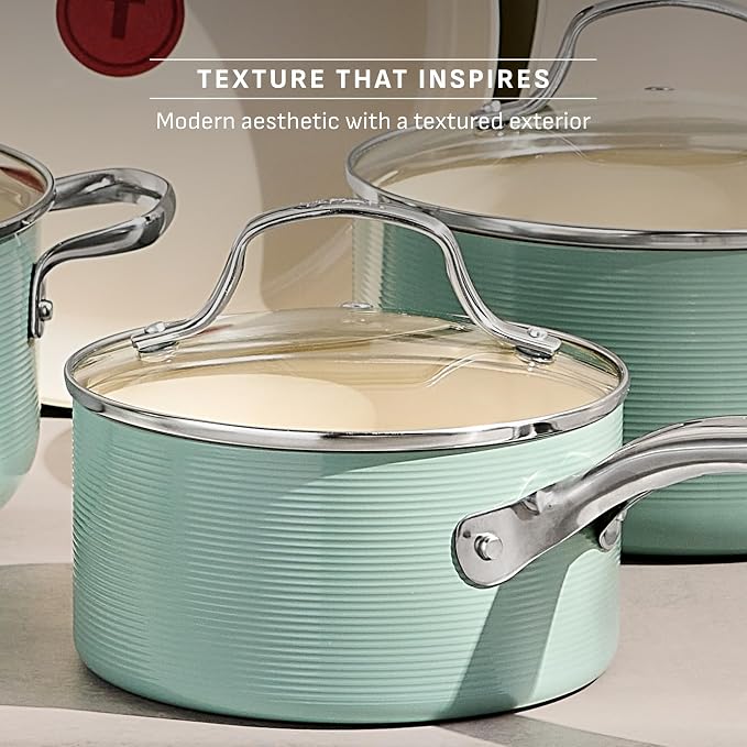 T-Fal Inspire Nonstick Cookware Set, 10-Piece, Oven Safe to 500°F, Stockpot, Ceramic Pots and Pans Set, Frying Pans, Saucepans, Protectors, Mint Green