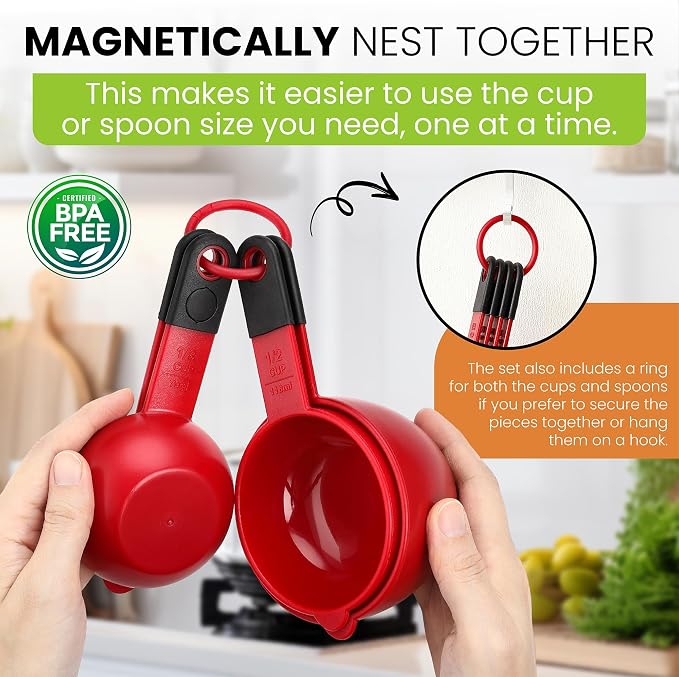 Spring Chef Set of 9 Plastic Magnetic Red Measuring Cups and Spoons | for Dry & Liquid Ingredients - Food Safe & BPA Free - Nesting Design - Dishwasher Safe