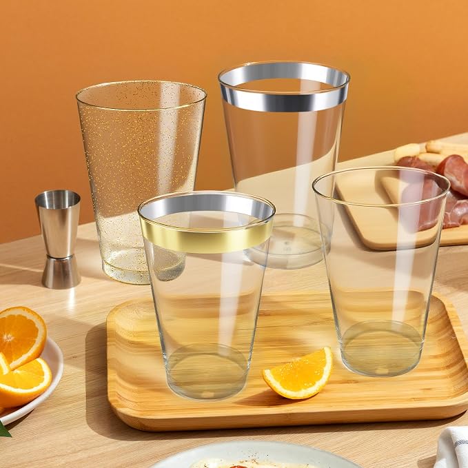 Byvivace [100 Pack 12oz Plastic Cups with Gold Glitter Sturdy & Food Safe Plastic Wine Glasses Disposable Cups Wedding Cups Party Cups Drinking Tumblers for Wine, Cocktails and Cold Beverages