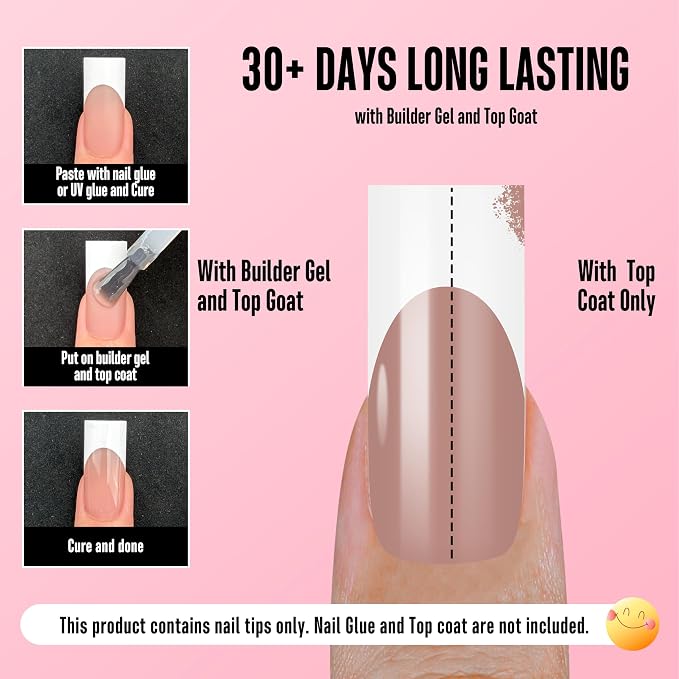 NOVO OVO Medium Sharp Square White French Tip Nail Tips Press on Brown Pink, Extra Thick NEED Builder Gel & Top Coat & Glue, Soft Gel full Cover False Fake Nail Extension for Salon DIYx15 Sizes 180pc