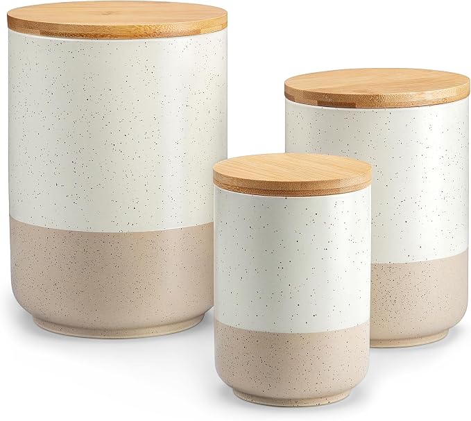 vancasso Sabine Kitchen Canister Set of 3, Ceramic Food Storage Containers with Airtight Wood Lids, Countertop & Pantry Organization for Flour, Sugar, Coffee, Tea & Snacks