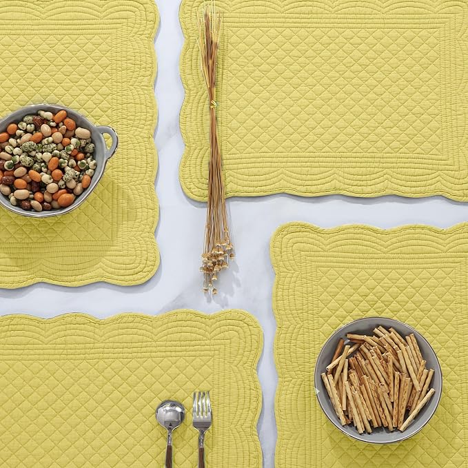 HOMBYS Quilted Placemats Set of 6 Washable-13x18 inches Rectangular Placemats for Kitchen Table-100% Cotton Fabric Rectangular Table Mats, (Yellow)