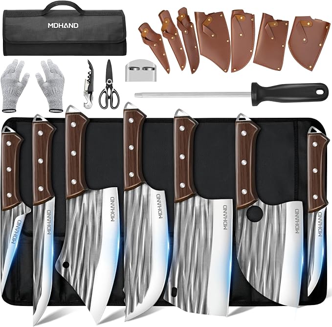Butcher Knife Set, Hand Forged Kitchen Chef Knife Set with Roll Bag | High Carbon Steel 14PCS Meat Cleaver Knife, Bone Chopper Knives, Fillet Knives for Kitchen, Camping Outdoor BBQ, Gift for Men