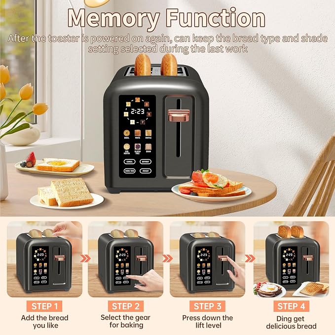 SEEDEEM Touchscreen Toaster 2 Slice, 7 Shade, Stainless, 1350W Dark Metallic