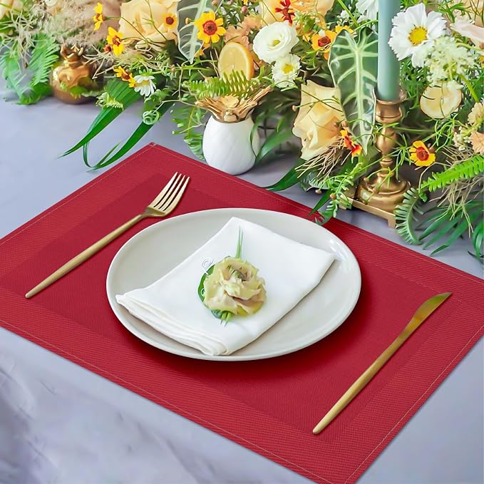 Red Placemats Set of 8, 12x18 Inch Faux Linen Table Mats | Heat Resistant and Washable Design, Easy to Clean Surface for Dining Rooms, Kitchens, Outdoor Parties and Everyday Home Decor