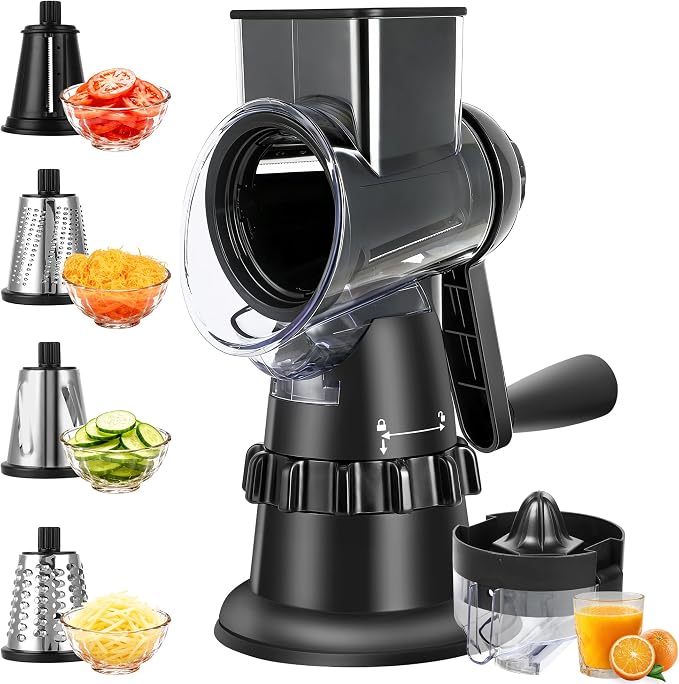 Rotary Cheese Grater Hand Crank, Vegetable Slicer with 5 Blades, Stable Suction, Labor-Saving Handle, Cheese Shredder for Potato Vegetables Nuts Chocolate, Black