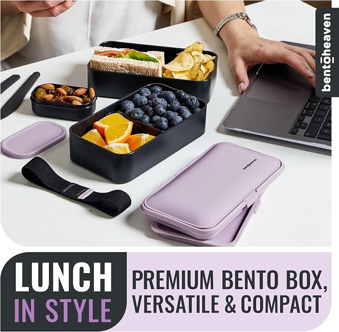 Bentoheaven Bento Box Adult, Stackable Lunch Box, 40 oz, Violet Me Go | BPA-free, leakproof and microwave-safe with 2 compartments, utensils, chopsticks, divider and sauce cup for men and women.