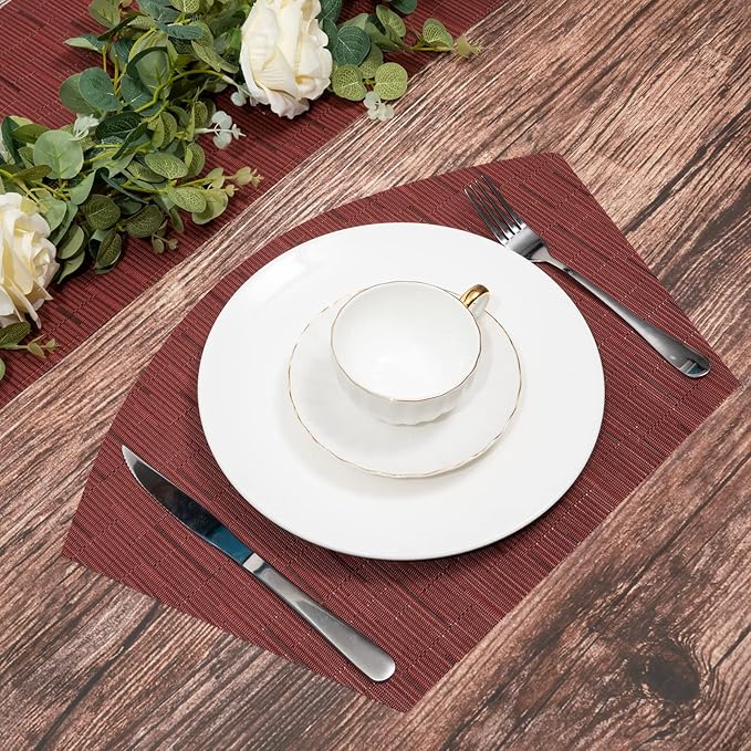 SHACOS Small Round Table Placemats Set of 5 Woven Vinyl Wedge Placemats with Centerpiece Round Table Mats Heat Resistant Wipe Clean (5, Burgundy Red)
