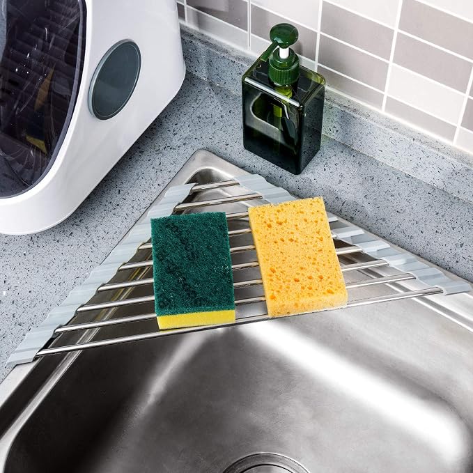 Tomorotec Triangle Roll-Up Dish Drying Rack for Sink Corner Small Foldable Stainless Steel Over The Sink Multipurpose Kitchen Drainer Caddy Organizer Storage Space Saver Shelf Holder (Gray) | BPA-Free Food-Grade Silicone Edges Foldable Waterproof Rustp...