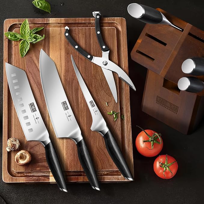 HOSHANHO 8PCS Knife Set, Razor Sharp Japanese Kitchen Knife Set with Block | High Carbon Powder Steel Knife Block Set, Professional Chef Knives Set with Scissors, Ergonomic Pakkawood Handle, Gifts