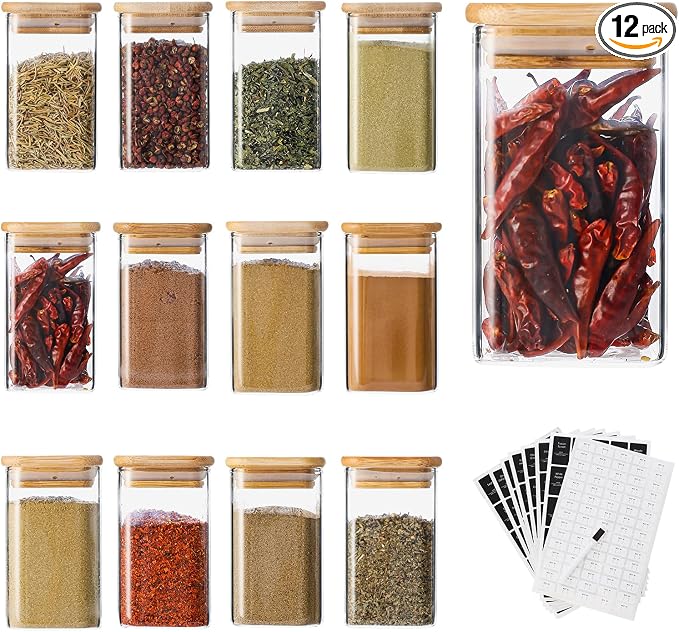 12Pcs 9oz Spice Jars Glass Container with 275 Labels, Airtight Seasoning Empty Organizer with Bamboo Lid Set for Food Storage, Salt, Sugar | Airtight Seasoning Empty Containers with Bamboo Lid Set for Pepper, Salt