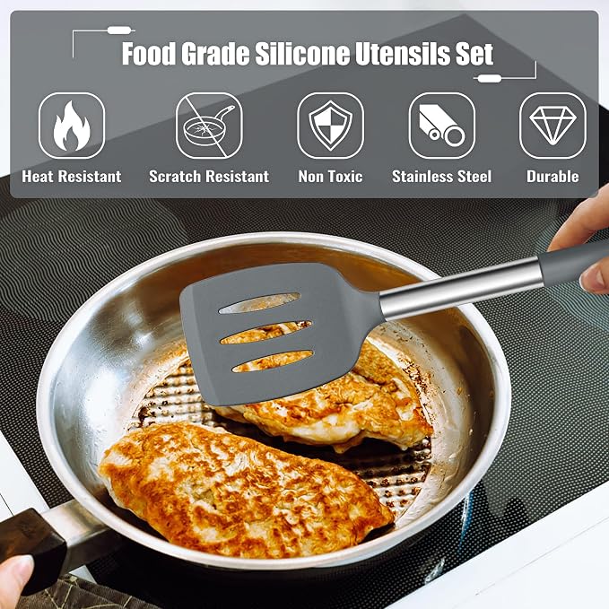 E-far 14 Pieces Silicone Cooking Utensils Set, Kitchen Utensils Set with Holder, Spatula, Ladle, Spoon, Tong, Slotted Turner for Nonstick Cookware, 446°F Heat Resistant & Stainless Steel Handle, Gray