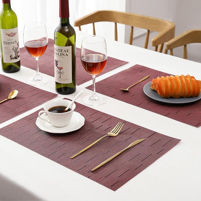 Leetaltree Burgundy Placemats Set of 12 - Heat Resistant Non-Slip Place mats for Dining Table, Washable Durable PVC Vinyl Woven Table Mats（Burgundy, 12）